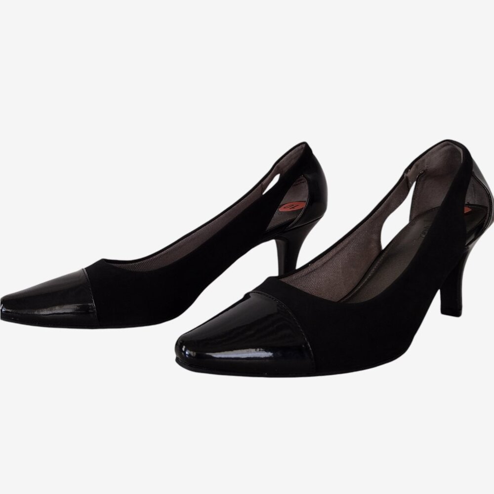 Life Stride Black Faux Suede Patent Leather Short Heel Pumps W Cutouts 10 - Picture 4 of 14